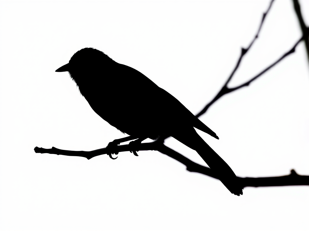 Generate a high-resolution image of a minimalistic black bird silhouette perched on a branch against a white background using a Canon EOS 5D Mark IV, 50mm lens, f/1.8 aperture, ISO 100, soft natural lighting, and shallow depth of field.