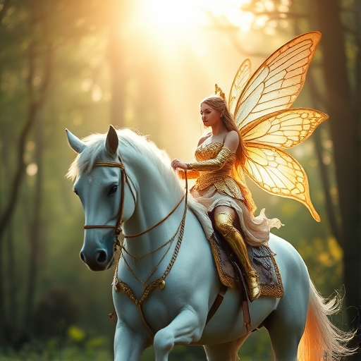 Create an ethereal scene of a fairy warrior riding a majestic white horse, golden armor glistening in soft sunlight, intricate butterfly wings detailed with delicate patterns, surrounded by a lush forest backdrop with soft bokeh effects, captured with a Canon EOS R5, 50mm lens, f/1.8 aperture, and shallow depth of field for enhanced image quality.