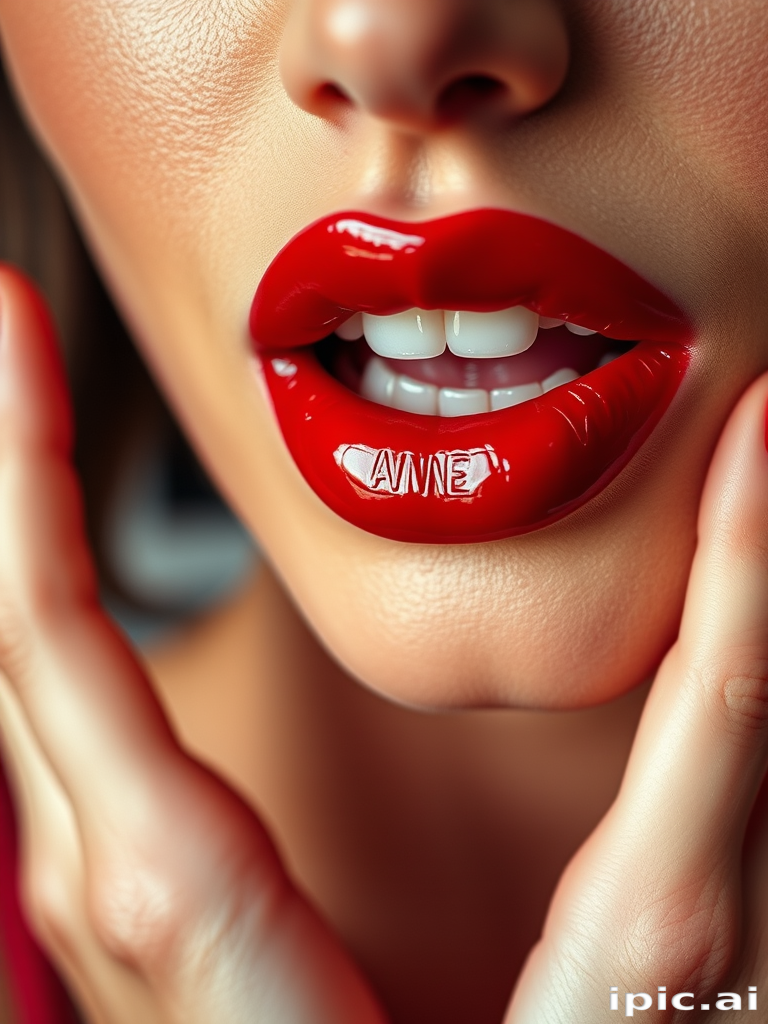 Captivating woman lips featuring a glossy cherry red lipstick, juicy and vibrant, full and pouty, reminiscent of classic Hollywood glamour