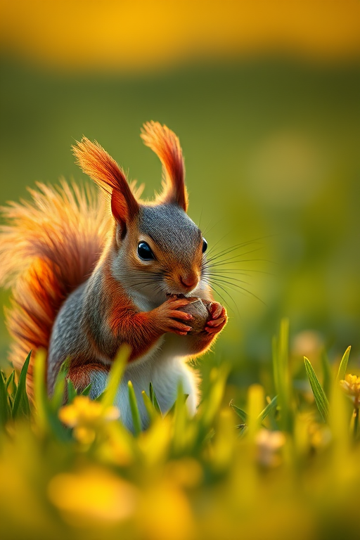 high-resolution image of a squirrel eating a nut in a lush green field, focus on the squirrel with a shallow depth of field, soft background blur, taken with a DSLR camera at f/2.8, shutter speed 1/500s, ISO 200, golden hour lighting for warm tones, slightly low angle view to emphasize cuteness