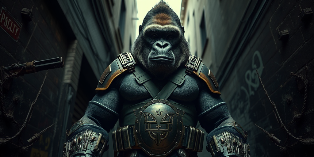 Create a hyper-realistic image of a muscular gorilla wearing a military-style outfit and armor, standing confidently in a dark, gritty urban alley, captured with a DSLR camera at f/2.8, ISO 100, 24mm lens, in a dramatic low-angle perspective with soft diffused lighting to enhance textures and details.