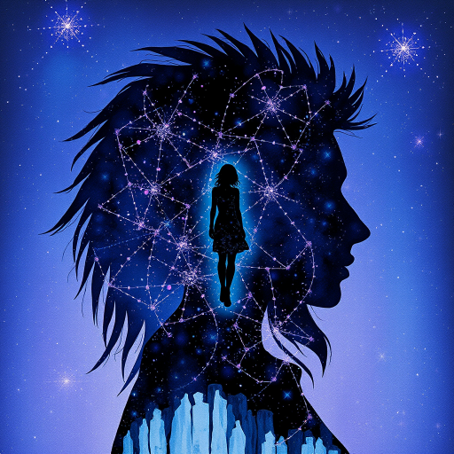 Captivating conceptual render alcohol ink art, double exposure, the paint strokes artfully merge combining a woman's full silhouette with a Xenial xenops's silhouette. The figures are composed of a series of colored dots, lines & spots that evoke the image of a cosmic galaxy, colors are deep shades of blue purple & black with flashes of white & silver representing distant stars. The woman's silhouette is formed within the lion's silhouette from constellations of scattered stars, surreal
