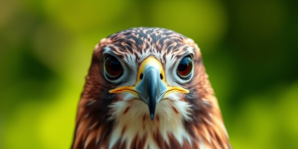 Capture a close-up portrait of a hawk with sharp focus on the eyes, using a 50mm lens, aperture set to f/1.8 for depth of field, ISO 200, and soft natural lighting in a blurred green background to enhance detail and clarity.