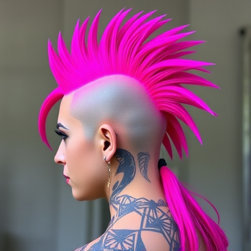 Vibrant magenta mohawk with shaved sides and intricate geometric patterns, transitioning to long, flowing strands at the back in the daring "Neon Warrior" style