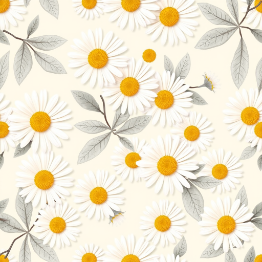 Create a seamless pattern featuring white daisies with yellow centers and gray-green leaves on a light cream background.
