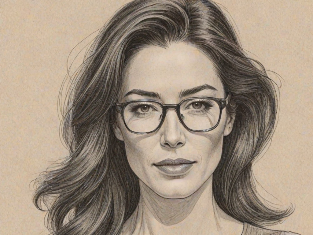 Appealing Jaime Murray, pencil sketch, portrait of Magnificent woman 1970s in glasses, hair style beatnik, outline, clear lines, fine lines, 8k