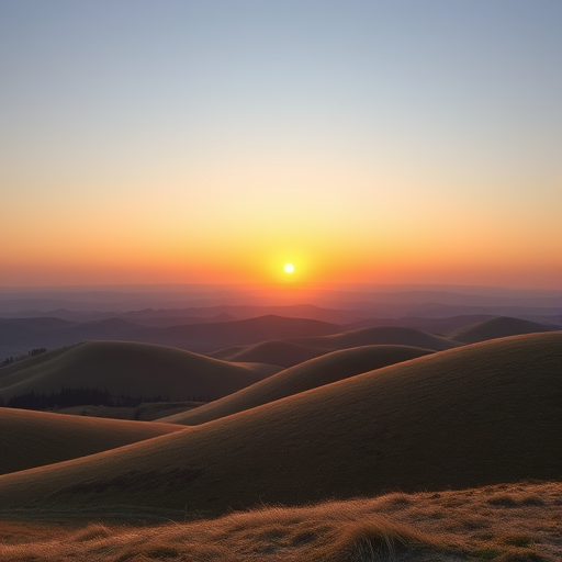 Generate a high-quality image of a minimalist landscape with rolling hills, a clear sky, and a vibrant sunset, using a Canon EOS R5 camera, at f/8 aperture, ISO 100, shutter speed 1/125s, wide-angle lens, and HDR photography style, ensuring vivid colors and sharp details.