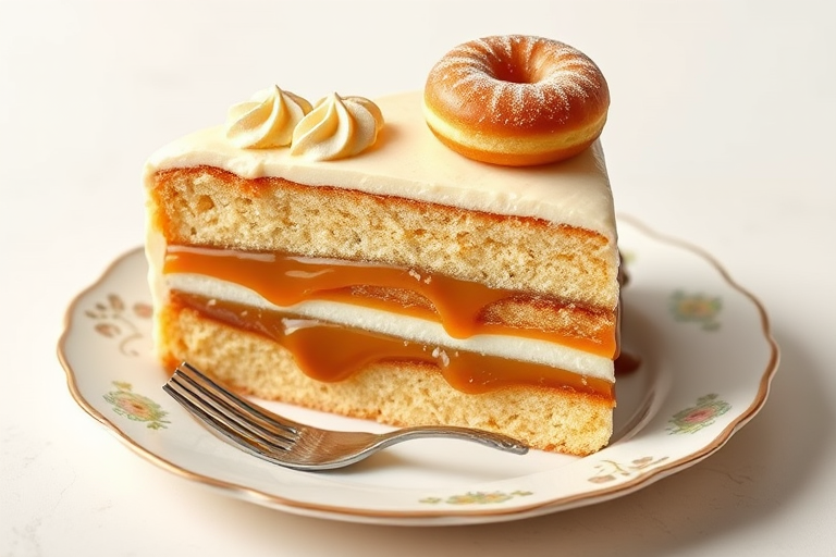 Create an image of a slice of layered cake with a caramel filling between the layers topped with swirls of frosting and a small donut on top along with a dusting of sugar on the donut placed on a decorative plate with a fork beside it against a light background.