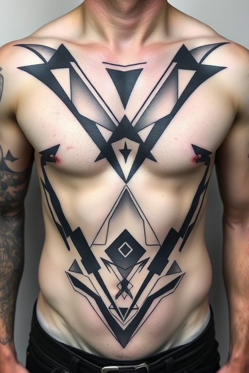 Bold geometric body tattoo covering the entire chest and abdomen, incorporating sharp lines and abstract shapes in monochromatic grayscale tones