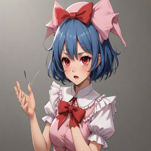 surime, 1girl, anger vein, angry, ascot, bat wings, blue hair, blush, bow, breasts, brooch, collarbone, dress, eyes visible through hair, fang, fingernails, frilled shirt collar, frills, hair between eyes, hands up, hat, hat ribbon, jewelry, looking at viewer, medium hair, mob cap, nail polish, open mouth, pink dress, pink headwear, pink nails, pink shirt, pointy ears, puffy short sleeves, puffy sleeves, red ascot, red bow, red eyes, red ribbon, remilia scarlet, ribbon, shirt, short hair, short sleeves, skin fang, solo, sweat, tears, trembling, upper body, wide-eyed, wings