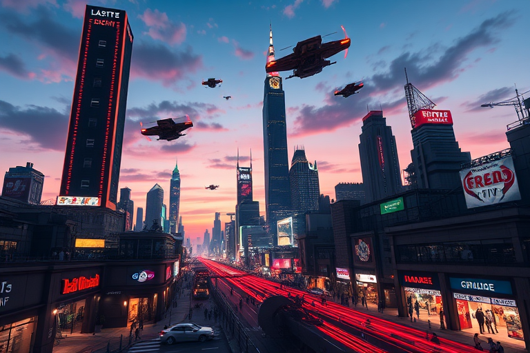 Generate a high-resolution digital illustration of a futuristic cityscape at dusk, showcasing tall skyscrapers with neon lights, flying vehicles in the sky, and bustling streets filled with pedestrians, captured with a DSLR camera using a 24mm lens, aperture set to f/8, ISO 200, and a long exposure of 5 seconds for vibrant light trails.