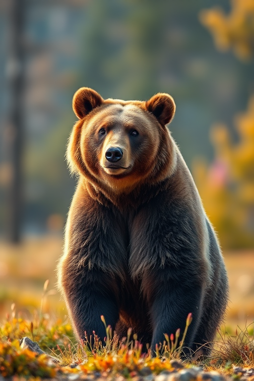 A highly detailed, lifelike bear standing in a natural setting with vibrant colors, using a DSLR camera with a 50mm lens, f/1.8 aperture, ISO 200, and soft natural lighting for enhanced texture and depth.
