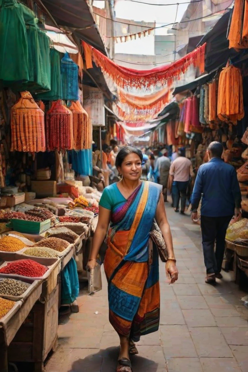 Woman walking through a bustling city market, the smell of spices in the air, vibrant fabrics hanging from stalls, as she haggles with a local vendor for souvenirs.