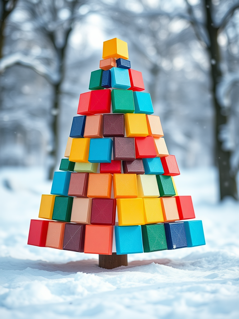 Create a high-resolution image of a colorful geometric Christmas tree made of small squares in a snowy background, using a DSLR camera at f/2.8 aperture, ISO 100, 50mm lens, shot from a straight-on perspective with natural lighting.