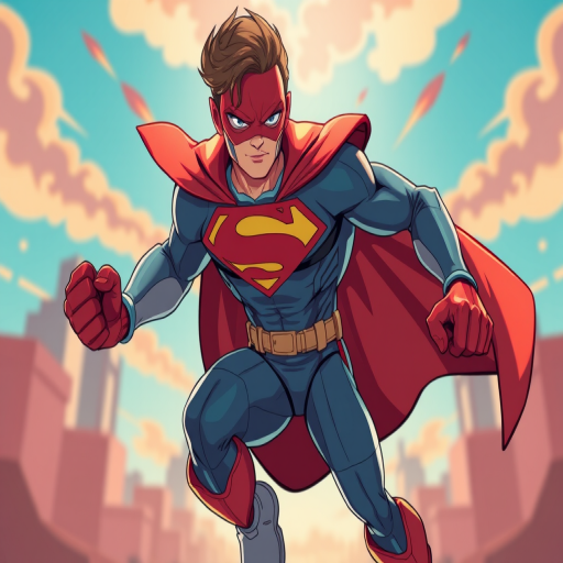 Create a vibrant illustration of a superhero in a dynamic pose, using a Canon EOS R5 with an 85mm f/1.2 lens, aperture set to f/4, ISO 100, capturing from a slightly low angle to emphasize the character's stature.