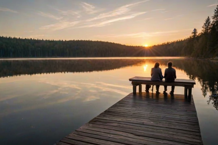 Scenic lakeside dock at sunrise, a couple enjoying coffee while watching the reflection of the sun on the water, creating a peaceful and romantic atmosphere.