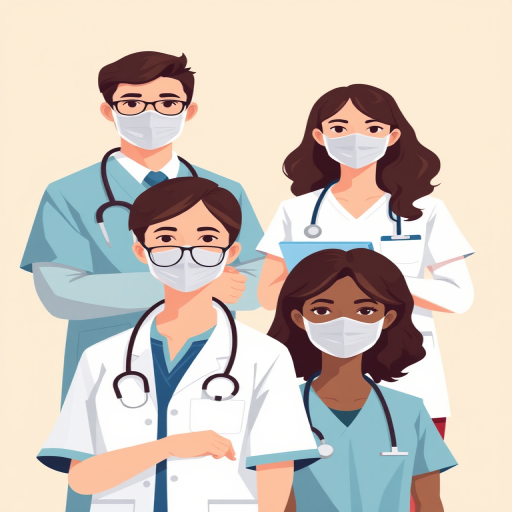 Create an illustration of four healthcare professionals including a doctor, nurse, and two medical staff members, in a flat design style, with a soft beige background, using a digital art technique, simulated DSLR camera settings 50mm lens, f/4 aperture, and natural lighting for enhanced clarity and vivid colors.