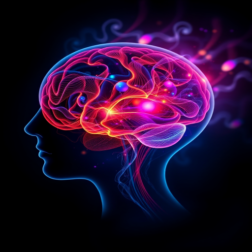create an intricate digital illustration of a human head in profile with a glowing brain represented by vibrant colors and swirling patterns, featuring soft focus on the background, 50mm lens, f/1.8 aperture, ISO 100, studio lighting, high-resolution digital art style