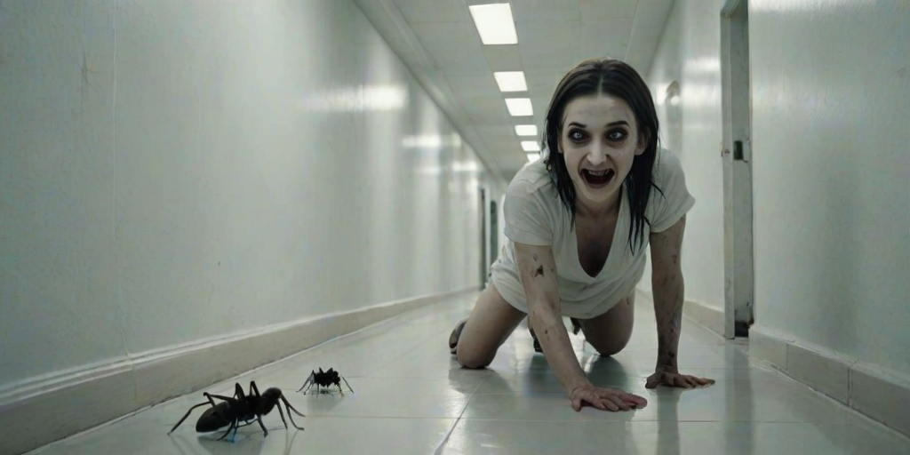 a crooked female with long arms and a creepy smile is crawling along a long white corridor and you can also see cockroaches in it there is a creepy atmosphere creepy art style
