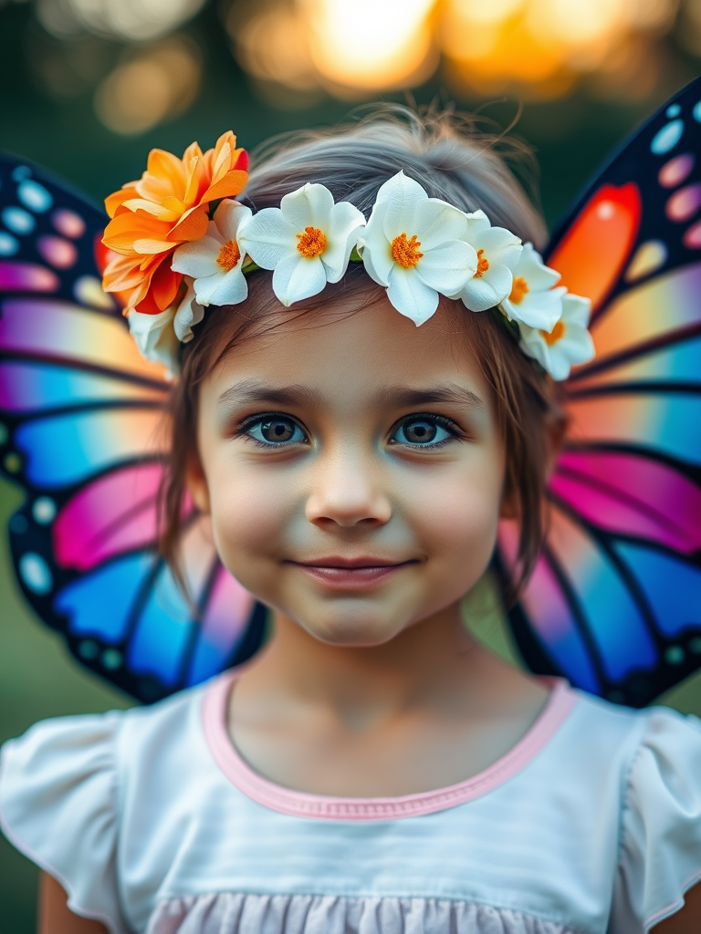 Portrait of a young girl wearing butterfly wings and a flower headband, captured with a Canon EOS R5 at 50mm f/1.8, natural light, shallow depth of field, soft background blur, vibrant colors, golden hour lighting.