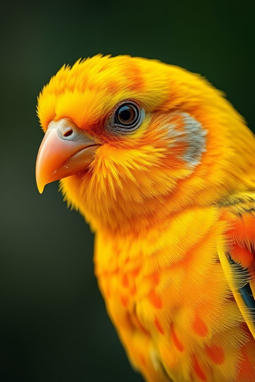 A close-up photograph of a brightly colored bird showcasing its golden yellow and orange feathers, taken with a DSLR camera, 85mm lens, f/1.8 aperture, ISO 200, natural lighting, shallow depth of field to enhance detail and vibrant colors.