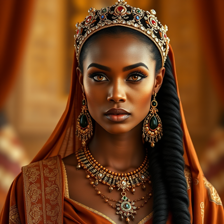 A gorgeous Tuareg woman in a luxurious brown gown, accessorized with a dazzling tiara and statement earrings, her deep orange eyes highlighted by impeccable makeup, poised in a royal setting, photorealistic, 8K quality