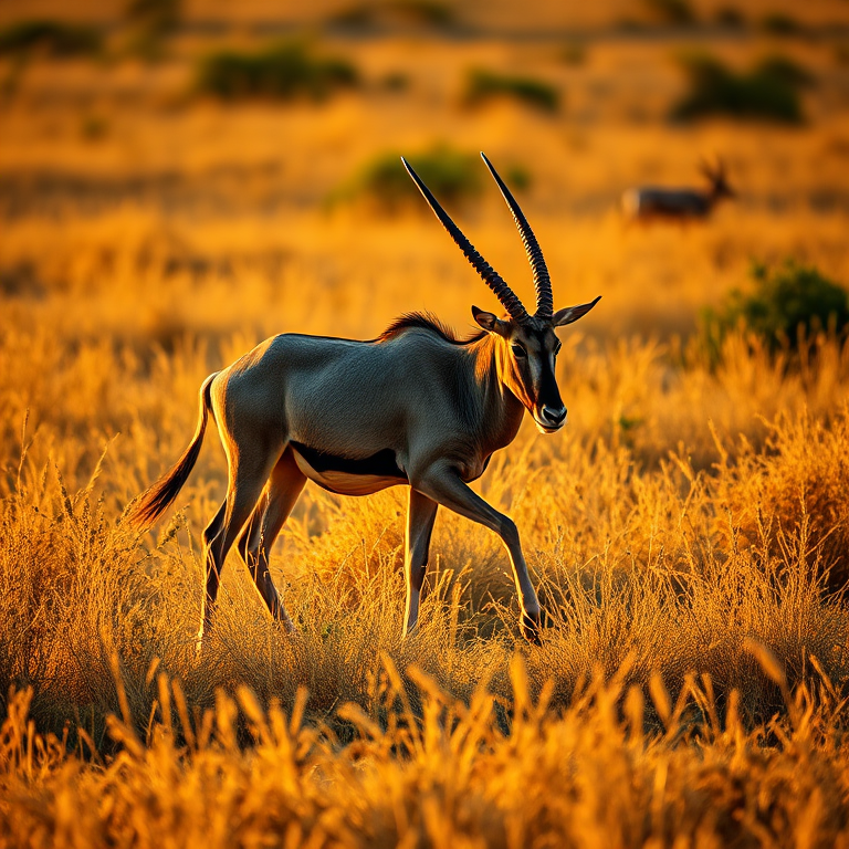 a solitary oryx walking in golden grassland during golden hour, shallow depth of field, 85mm lens, f/2.8 aperture, ISO 200, soft natural lighting, DSLR camera, side view angle