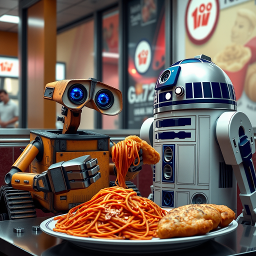 WALL-E and R2-D2 are eating spaghetti and fried chicken inside a fast food chain. Their eyes are gleaming with pride and joy as it is their first time to eat together. They are overloaded with happiness and joy. Super high definition naturalistic photography style.