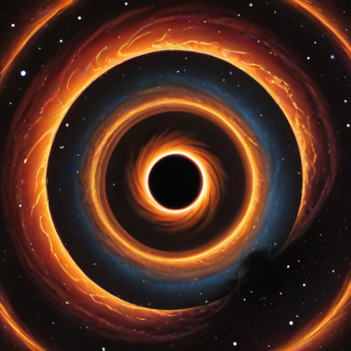 create an image of a swirling cosmic vortex with a black hole at its center, surrounded by vibrant orange and red flames against a starry background
