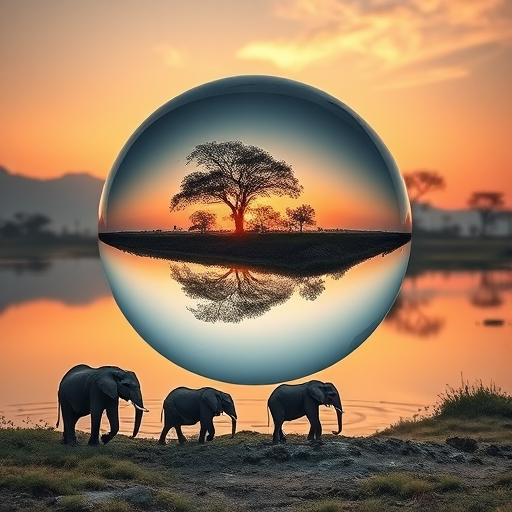 Create a surreal landscape depicting elephants by a water body under a glass globe with Earth visible, captured with a Canon EOS 5D Mark IV, 24mm f/1.4 lens, f/8 aperture, ISO 100, at sunset with a wide-angle perspective and soft focus to enhance dreamy quality.