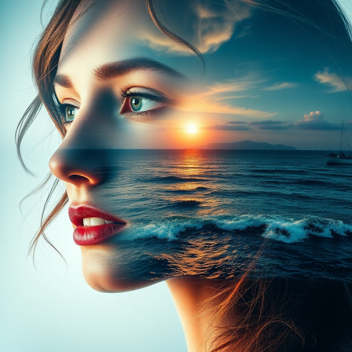 design Book cover, A surreal double exposure portrait that blends a woman's face with a beautiful seascape. The overall mood is dreamy and mystical, with rich colors and intricate details