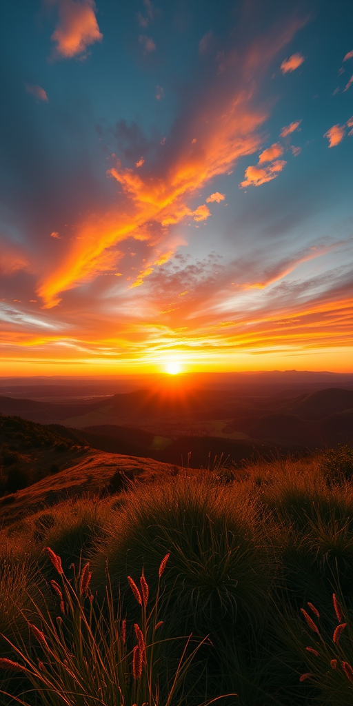 Photorealistic landscape at sunset with vibrant colors, f/8 aperture, ISO 100, 24mm lens, HDR technique, shot from a tripod at eye level.