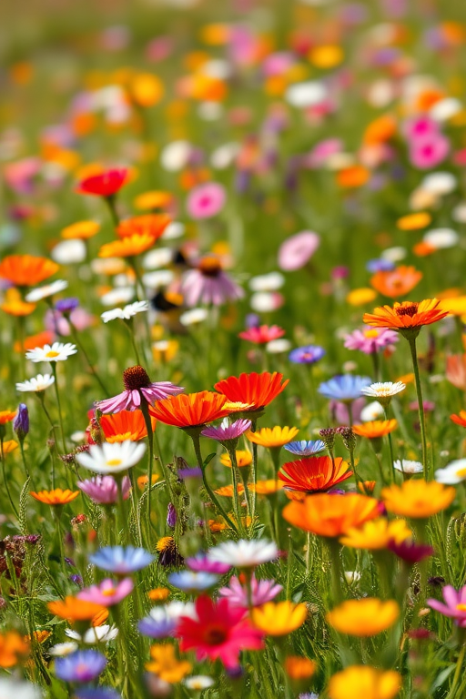 vivid wildflower meadow with a diverse array of colorful flowers in full bloom, captured with a DSLR camera, 50mm lens, f/2.8 aperture, ISO 200, shallow depth of field, natural lighting, vibrant colors, soft focus background