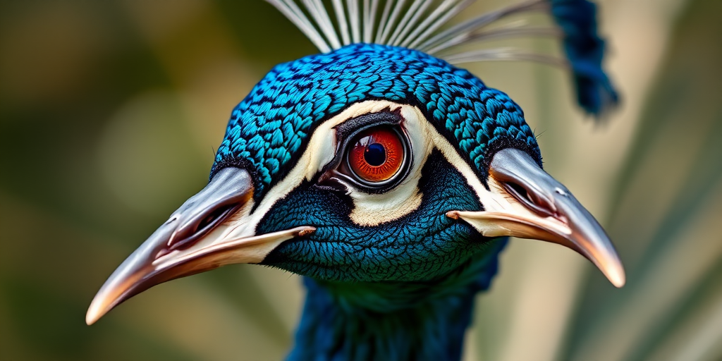 Capture a close-up of a peacock's head with vibrant feathers, using a DSLR camera at f/2.8 aperture, ISO 100, 85mm lens, natural lighting, shallow depth of field for a blurred background, and focus on the eye for enhanced detail and clarity.