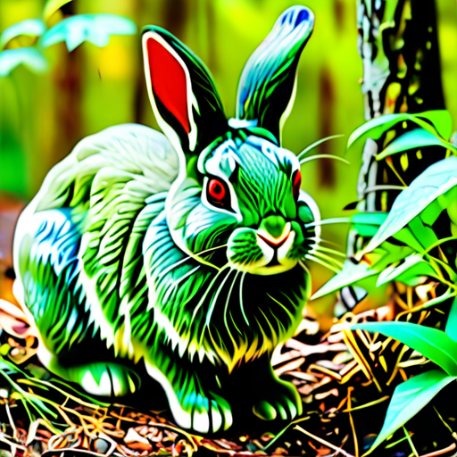 a green colored rabbit with red eyes in the forest