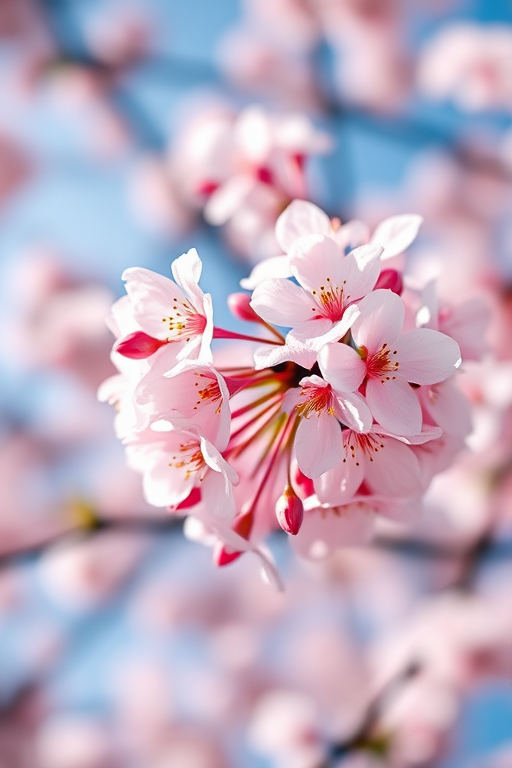 create a close-up shot of cherry blossoms in full bloom, with a shallow depth of field, using a DSLR camera set to f/2.8 aperture, ISO 100, 50mm lens, soft natural lighting, and a bokeh background for enhanced image quality