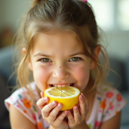 A candid photograph of a young girl biting into a slice of lemon. Her face is scrunched up from the sour taste, capturing a moment of surprise and playfulness. She has light brown hair, tied back in a ponytail, and wears a casual, colorful top. The background is softly blurred, keeping focus on her expression and the lemon slice. Natural lighting illuminates her face, highlighting her reaction with a soft, warm tone. The image has a bright and cheerful atmosphere, with a high contrast. The photo was captured with a 50mm lens and shot on Kodak Portra 160 film.