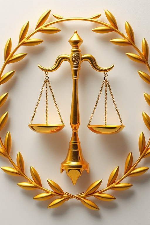 Create a high-resolution 3D render of a golden scales of justice emblem surrounded by an olive wreath, using a 50mm lens at f/8, ISO 100, 1/200 sec shutter speed, with a softbox lighting setup to enhance the golden details and reflections, viewed from a slight angle to give depth.