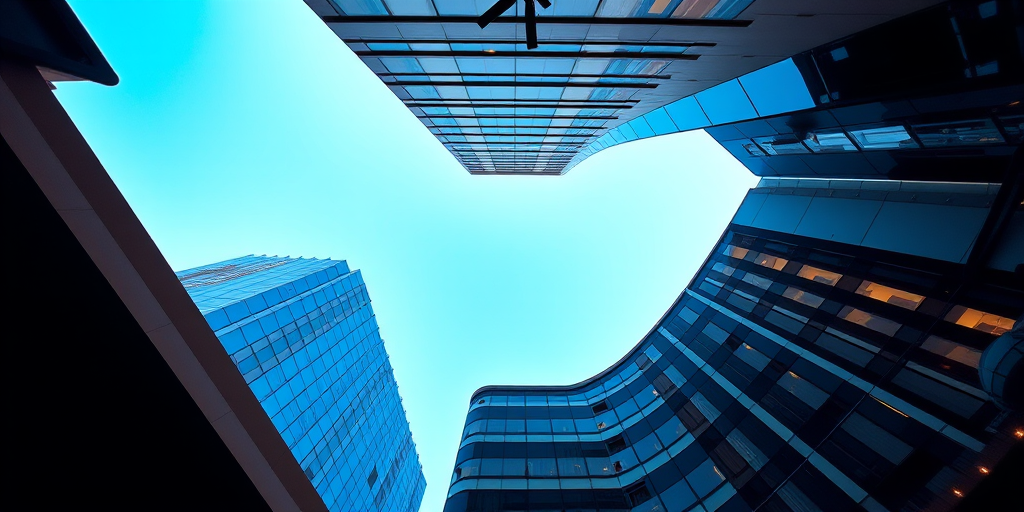 high-rise building photography, low-angle view, wide-angle lens, f/8 aperture, ISO 200, 1/250 sec shutter speed, vibrant colors, clear blue sky reflections in glass, modern architecture, high-resolution digital camera