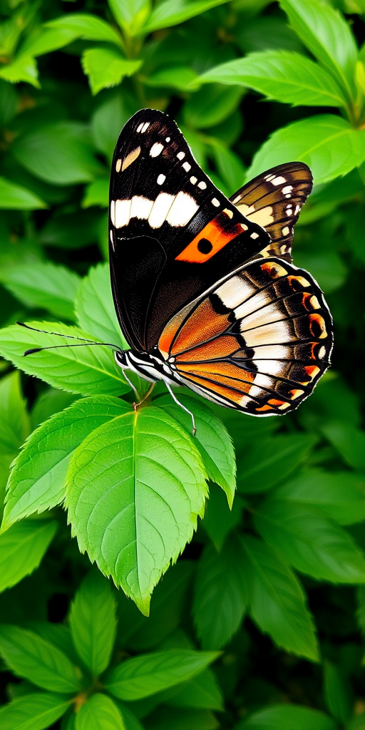Generate an image of a butterfly with vibrant patterns on its wings, perched on lush green leaves. The butterfly should have a mix of black, white, and orange colors, showcasing intricate details in its wing structure. The background should be a natural setting with plenty of greenery to highlight the butterfly.
