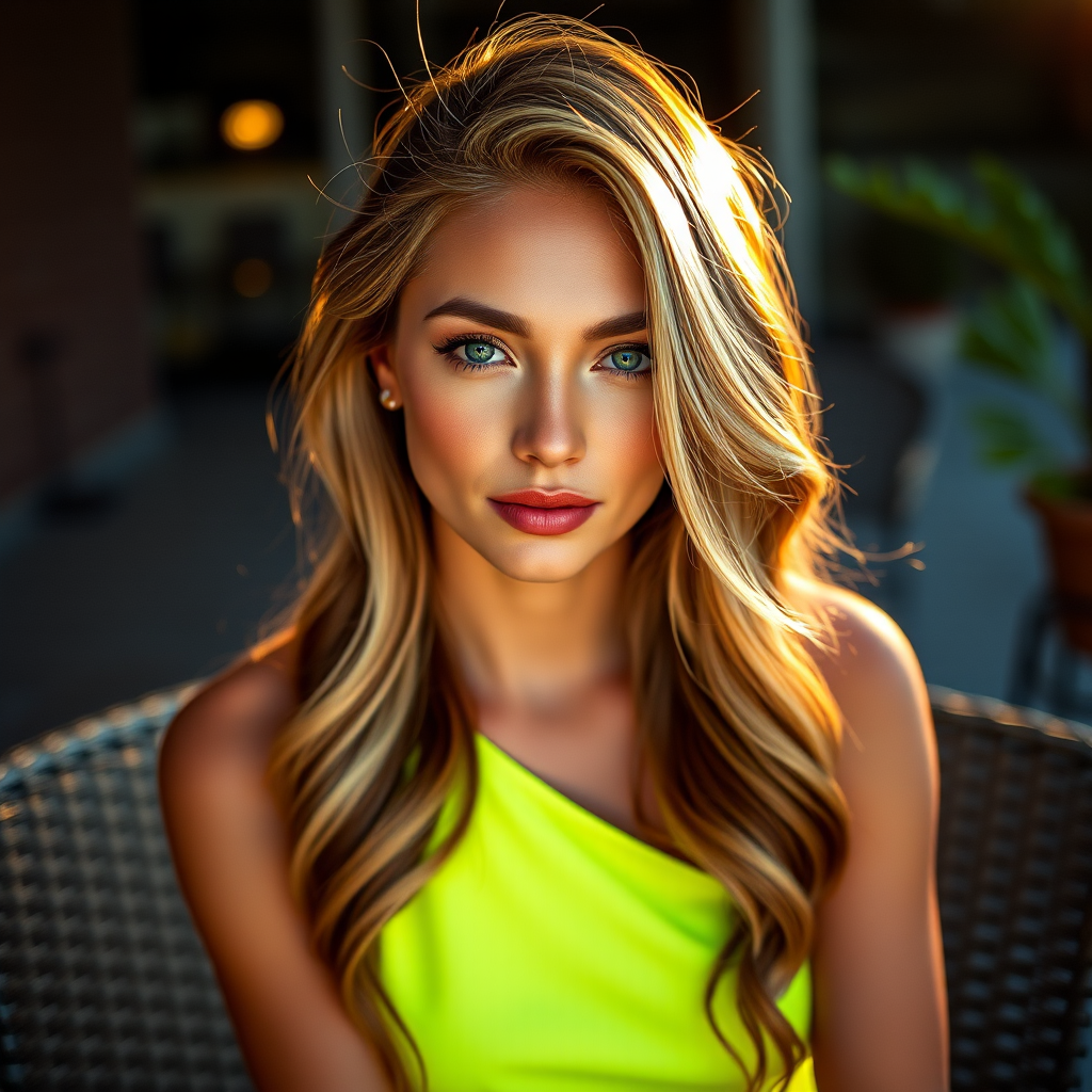 Alluring photo of woman:caucasian:0.4, highlight hair, wearing Neon dress, sitting on Patio furniture, rim lighting, studio lighting, looking at the camera, dslr, ultra quality, sharp focus, tack sharp, dof, film grain, Fujifilm XT3, crystal clear, 8K UHD, highly detailed glossy eyes, high detailed skin, skin pores