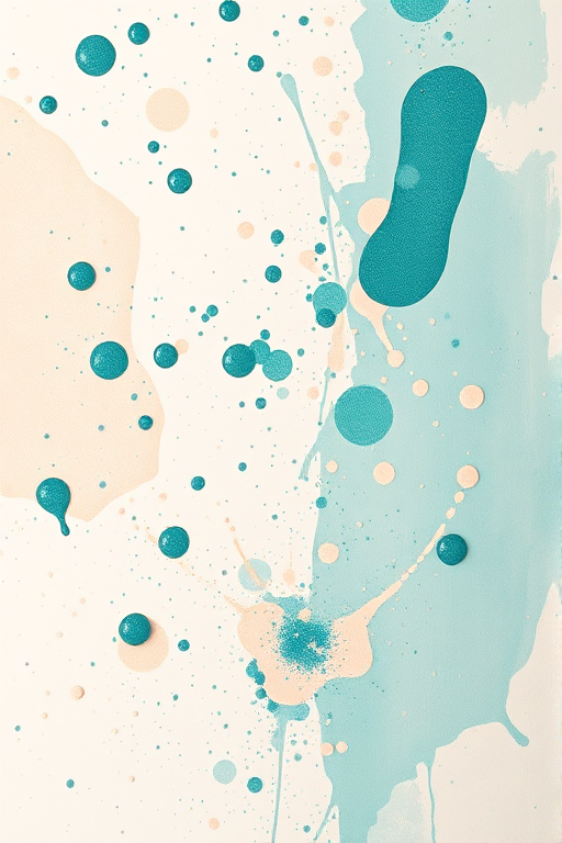 Generate a high-resolution abstract art image with paint splatters in soft teal and beige colors, using a Canon EOS 5D Mark IV, f/2.8 aperture, 50mm lens, 1/125s shutter speed, natural light, and a shallow depth of field for enhanced detail and clarity.