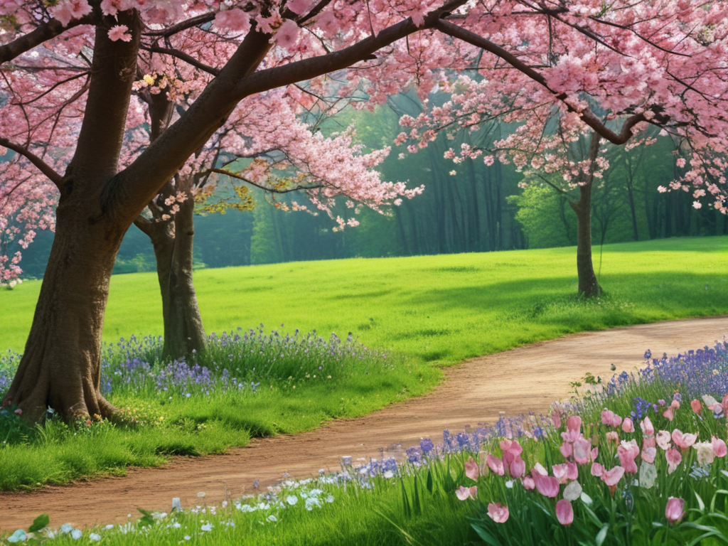 Serene Spring Landscape with Blooming Cherry Blossoms and Colorful Tulips