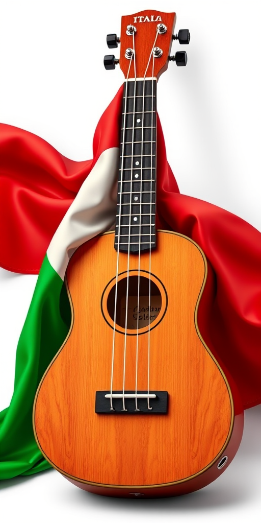 create an illustration of a ukulele with an Italian flag draped over it, vibrant colors, high resolution, shot with a DSLR camera at f/2.8 aperture, 50mm lens, in a well-lit studio setting to enhance detail and clarity
