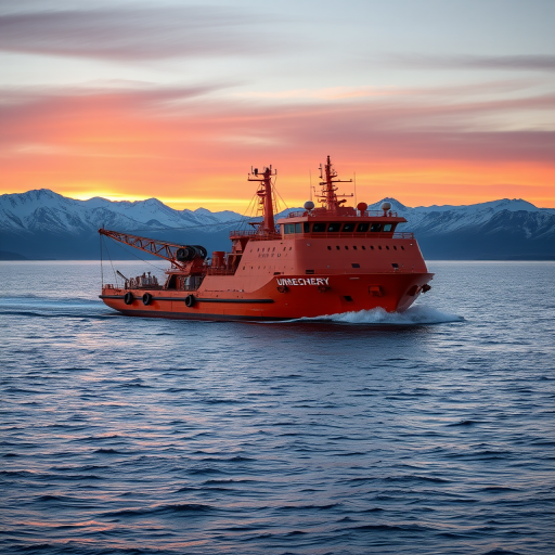 Generate an image of an orange oil recovery boat navigating through a calm sea with snow-capped mountains in the background during sunset, using a DSLR camera with f/8 aperture, ISO 100, 1/250 shutter speed, wide-angle lens at 24mm, and a slight tilt-up view to capture both the boat and the mountains.