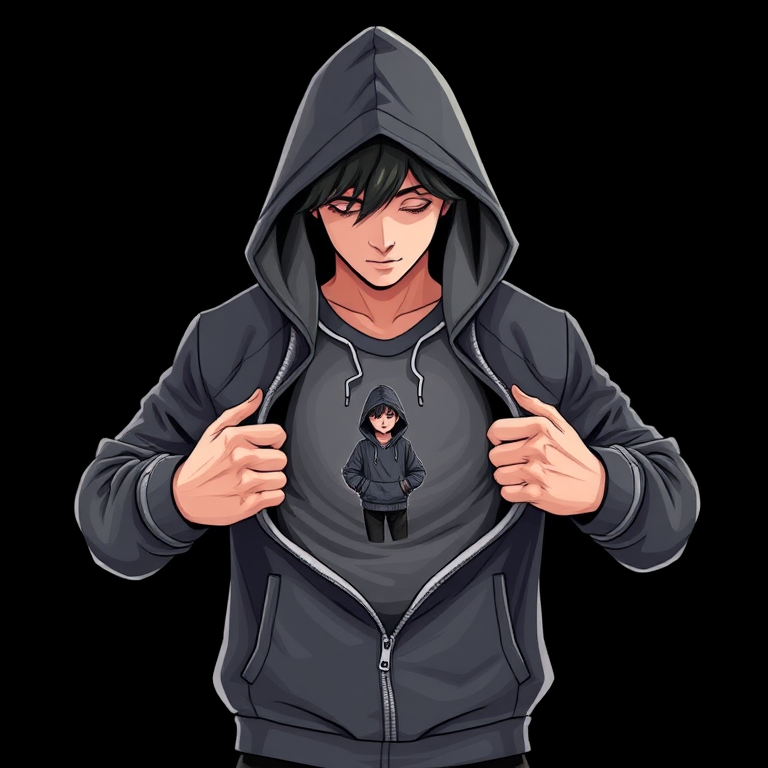 Create an illustration of a person in a hoodie opening their jacket to reveal a smaller version of themselves inside, with a black background, using a DSLR camera at 50mm focal length, aperture f/1.8, ISO 100, and a shallow depth of field for enhanced image quality.