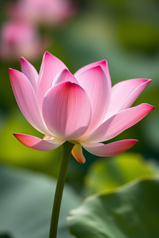 A close-up of a blooming pink lotus flower with gentle green leaves in a soft-focused background, shot with a Canon EOS 5D Mark IV, 50mm lens at f/2.8, ISO 100, using natural lighting for a serene and delicate look.