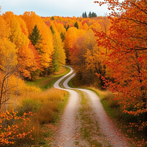 capture a vibrant autumn landscape with a winding path through colorful foliage, focal length 35mm, aperture f/8, ISO 100, soft natural lighting, DSLR camera, landscape orientation
