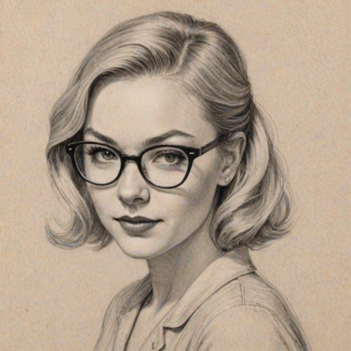 Wonderful Emily Kinney, pencil sketch, portrait of Dazzling woman 1954s in glasses, hair style beatnik, outline, clear lines, fine lines, 8k
