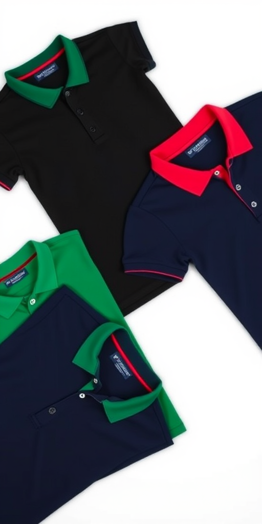 Three polo shirts in different colors: black with red collar, green with red collar, and navy blue with red collar, shot with a 50mm lens, f/2.8 aperture, ISO 100, natural lighting, top-down view, studio photography style.